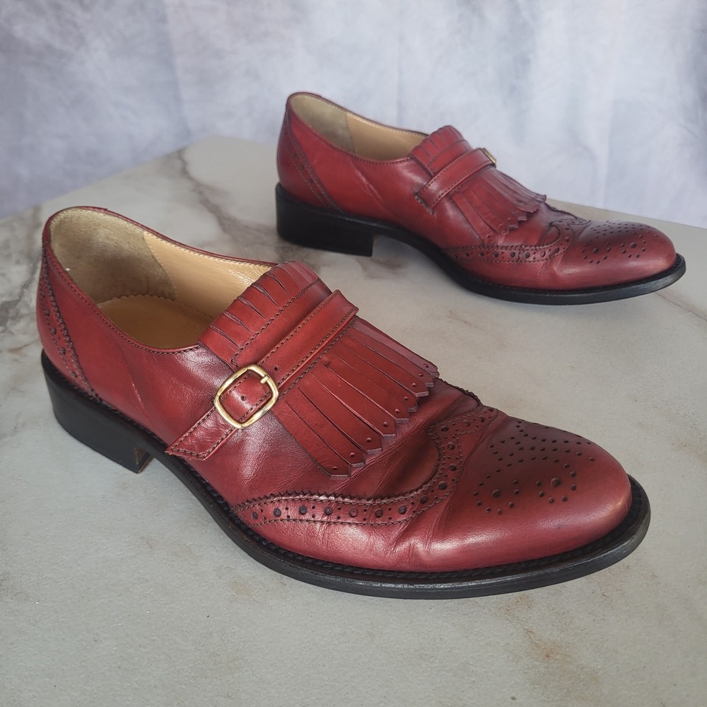 Clif Paris Kiltie Mary Jane Wing-Tip Monk Strap Loafers Size 37/6.5 Red Brogue